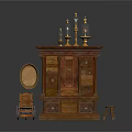 Antique Wooden Cabinet Featuring Round Mirror Glass Shade Candle Holders And Wheeled Cart