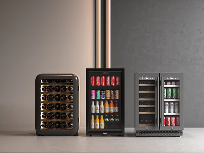 Wine Cooler Beverage Refrigerator and Double Door Freezer with Wine Bottles Beverage Cans and Drinks 3d model