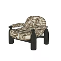 Stylish Single Sofa With Abstract Geometric Pattern Brown Beige Tones Curved Armrests Dark Wooden Legs
