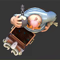Pirate Game Character With Red Beard Yellow Hat Holding Cannonball And Open Treasure Chest