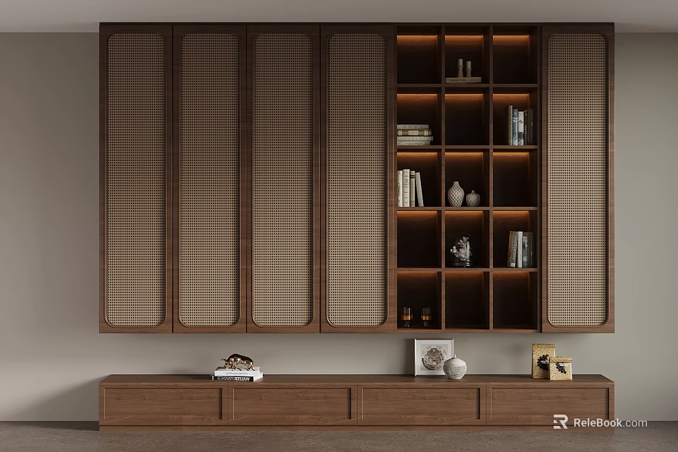 Modern Wooden Bookcase with Open Shelves Sliding Louver Doors LED Lighting and Decorative Items 3d model 