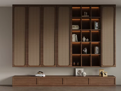 Modern Wooden Bookcase with Open Shelves Sliding Louver Doors LED Lighting and Decorative Items 3d model