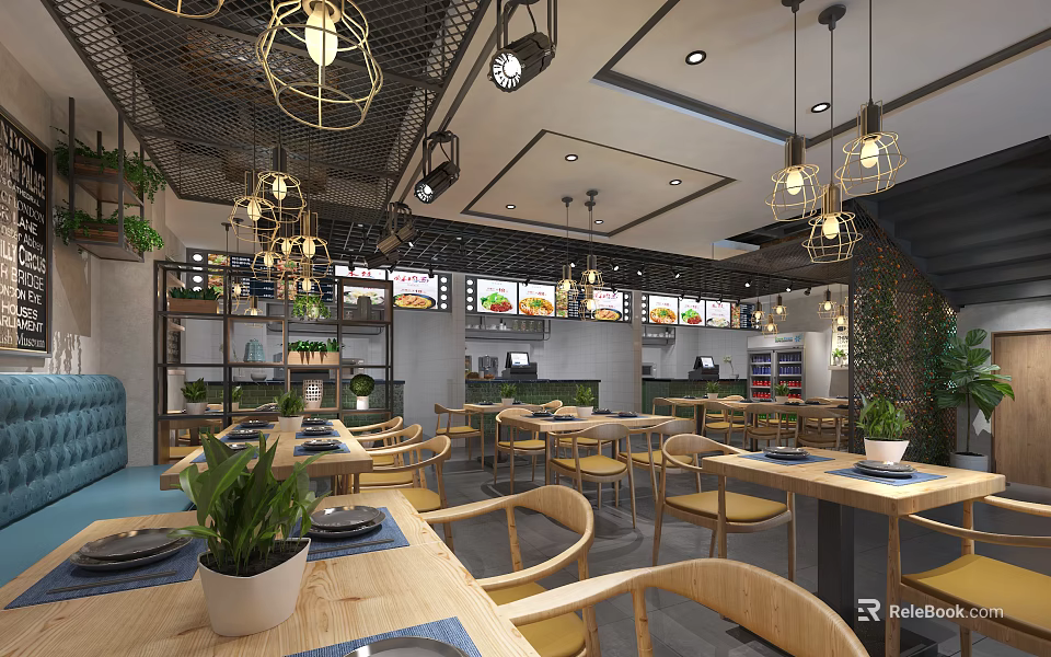Modern Restaurant Interior Featuring Pendant Lights Wooden Tables Chairs Potted Plants And Food Display Counters 3d model 