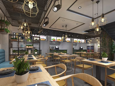 Modern Restaurant Interior Featuring Pendant Lights Wooden Tables Chairs Potted Plants And Food Display Counters 3d model