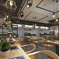Modern Restaurant Interior Featuring Pendant Lights Wooden Tables Chairs Potted Plants And Food Display Counters