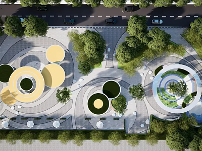 Urban Park Landscape With Circular Designs Green Lawns Lush Trees And Curved Pathways 3d model