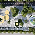 Urban Park Landscape With Circular Designs Green Lawns Lush Trees And Curved Pathways