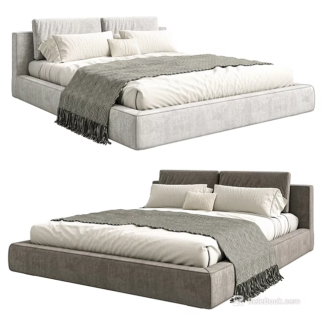 Modern Upholstered Double Bed In Gray With White Sheets Pillows And Throw Blanket 3d model