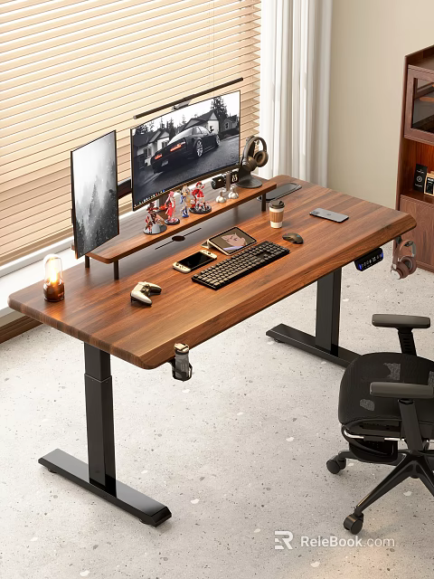 Modern Home Office Setup With Wooden Desk Dual Monitors And Ergonomic Chair 3d model 