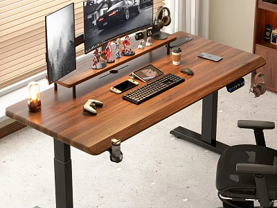 Modern Home Office Setup With Wooden Desk Dual Monitors And Ergonomic Chair 3d model