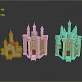 Three Fairy Tale Style Castle Buildings With Red Spires Blue Decorations And Stone Exterior