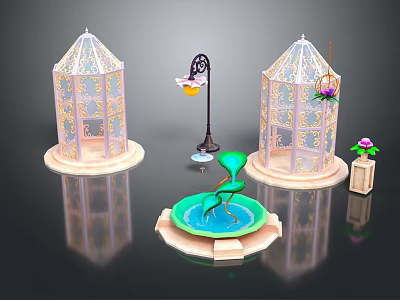 Delicate Decorative Ornament Set With Two Birdcage Ornaments Small Fountain Street Lamp And Flower Pot 3d model