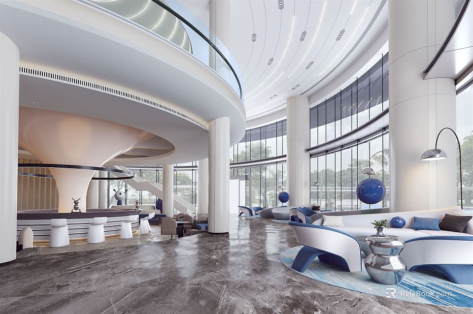 Modern Hotel Lobby Interior With Spacious Layout Marble Flooring Large Windows And Sofa Seating 3d model 