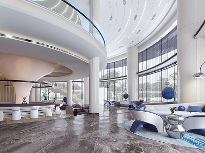 Modern Hotel Lobby Interior With Spacious Layout Marble Flooring Large Windows And Sofa Seating 3d model
