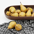 Fresh Ripe Pears in Oval Wooden Bowl with Checkered Cloth on White Background