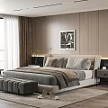 Modern Bedroom Background Double Bed with Upholstered Headboard Gray Pillows Wooden Wall and Abstract Painting