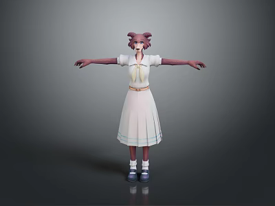 Game and Movie Character Pink Twin Ponytails White Dress Blue Stripes Yellow Belt Arms Outstretched 3d model