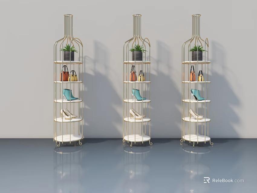 Golden Metal Swing Door Display Shelves With Multiple Layers Handbags Shoes And Potted Plants 3d model 