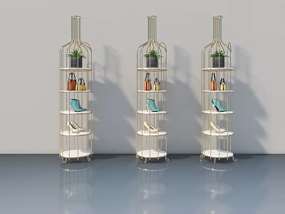 Golden Metal Swing Door Display Shelves With Multiple Layers Handbags Shoes And Potted Plants 3d model