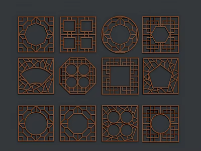 Decorative Carved Lattice Windows Design Collection with Various Geometric Patterns and Shapes 3d model