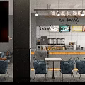 Milk Tea Shop Interior With White Tile Walls Blue Chairs Counter And Display Case