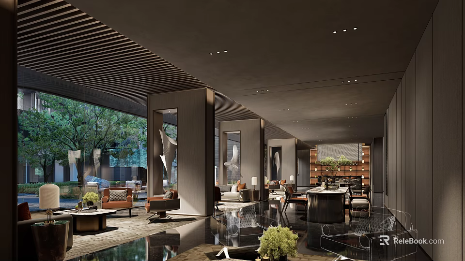 Modern Luxury Clubhouse Interior Design Featuring Floor to Ceiling Windows Greenery And Elegant Furniture 3d model 