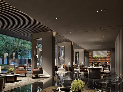 Modern Luxury Clubhouse Interior Design Featuring Floor to Ceiling Windows Greenery And Elegant Furniture 3d model