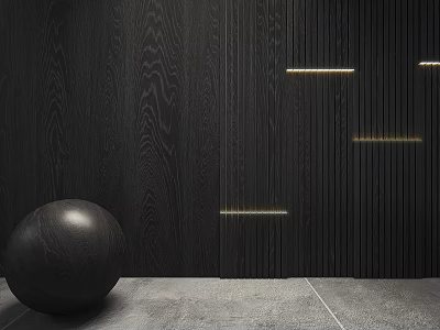 Dark Wood Grain Background Wall With Black Sphere And Gold Strip Lights In Modern Interior 3d model