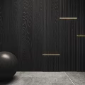 Dark Wood Grain Background Wall With Black Sphere And Gold Strip Lights In Modern Interior