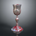 Silver Ornate Goblet With Carved Patterns And Red Base For Daily Household Use