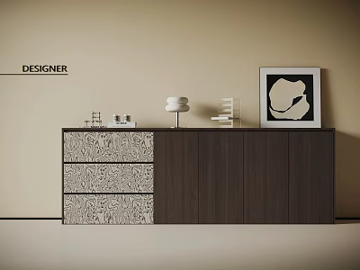 Designer Entryway Side Cabinet With Wooden Drawers Table Lamp And Wall Art 3d model