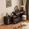 Modern Black Dressing Table With Mirror Lamp Drawers Stool And Decorative Items In Bedroom