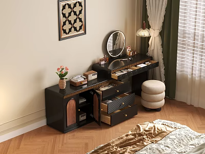 Modern Black Dressing Table With Mirror Lamp Drawers Stool And Decorative Items In Bedroom 3d model