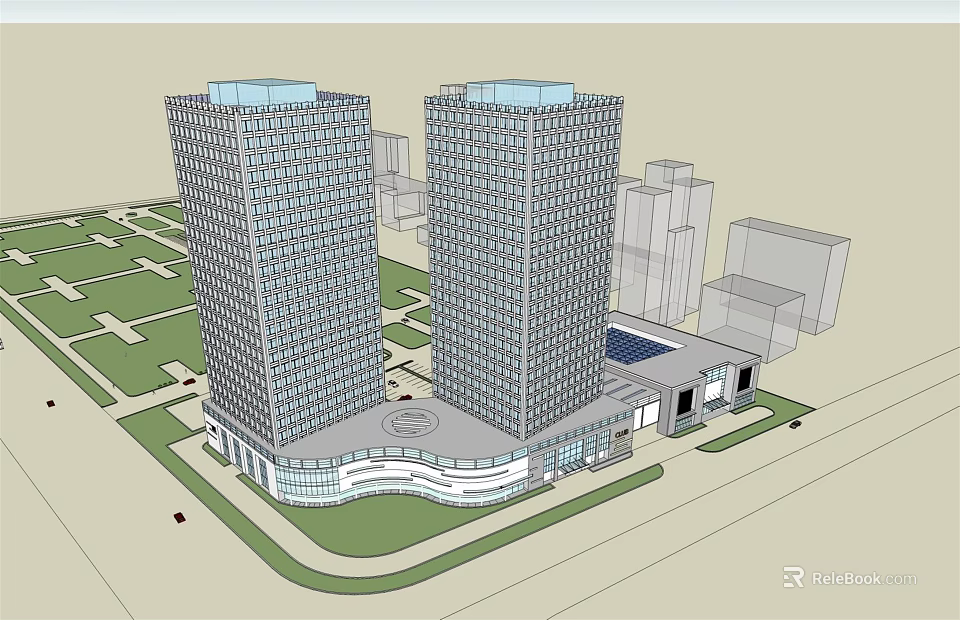 Twin High Rise Office Building With Modern Design And Landscaped Plaza Area 3d model 