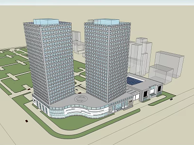 Twin High Rise Office Building With Modern Design And Landscaped Plaza Area 3d model