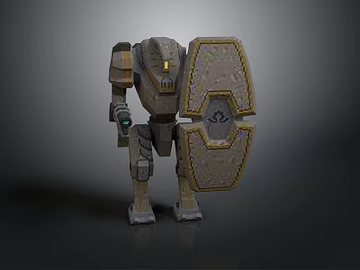 Mechanical Robot Character With Patterned Shield And Articulated Metal Armor 3d model