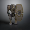 Mechanical Robot Character With Patterned Shield And Articulated Metal Armor