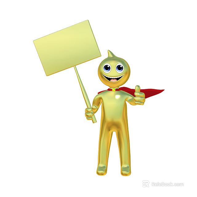 Golden Smiling Cartoon Figurine Decorative Ornament Set With Red Cape Holding Signboard And Thumbs Up 3d model 