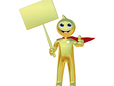 Golden Smiling Cartoon Figurine Decorative Ornament Set With Red Cape Holding Signboard And Thumbs Up 3d model