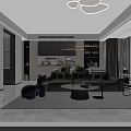 Modern Living and Dining Room Interior With Sofa Coffee Table Pendant Light And Bookshelves