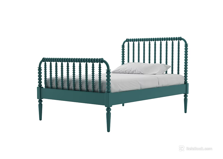 Teal Single Bed With Spindle Headboard Footboard And White Bedding Pillow 3d model