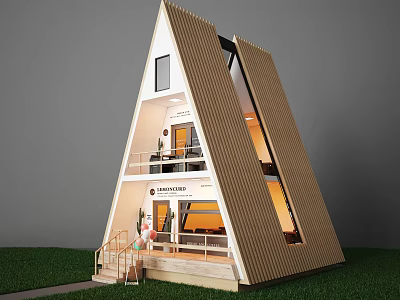 Modern Triangular Wooden House Exterior With Three Floors And Grass Lawn Steps 3d model