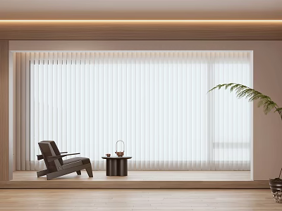 White Vertical Blinds In Modern Living Space With Armchair Side Table And Potted Plant 3d model