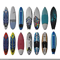 Stylish Surfboards As Sports Equipment With Multiple Designs And Colorful Patterns