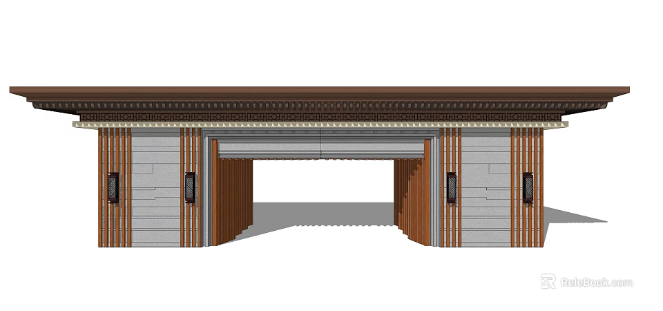 Traditional Entrance Gate Design With Wooden Frames Stone Wall And Decorative Trim 3d model 