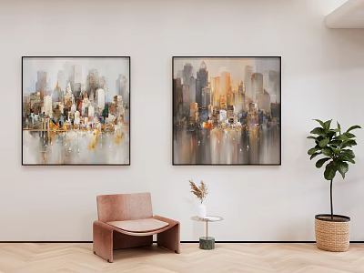 Modern Interior With Cityscape Paintings Brown Chair Side Table And Green Plant 3d model