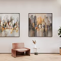 Modern Interior With Cityscape Paintings Brown Chair Side Table And Green Plant