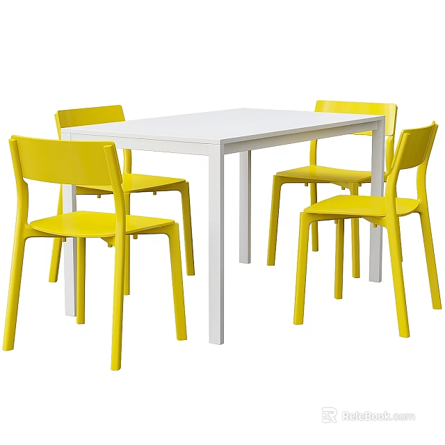 Modern White Square Dining Table With Four Yellow Chairs Set 3d model