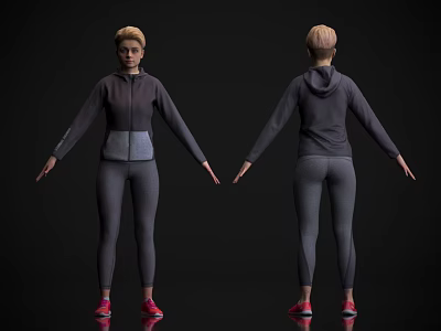 Woman In Gray Hoodie And Leggings With Red Sneakers Front And Back View 3d model