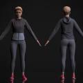 Woman In Gray Hoodie And Leggings With Red Sneakers Front And Back View